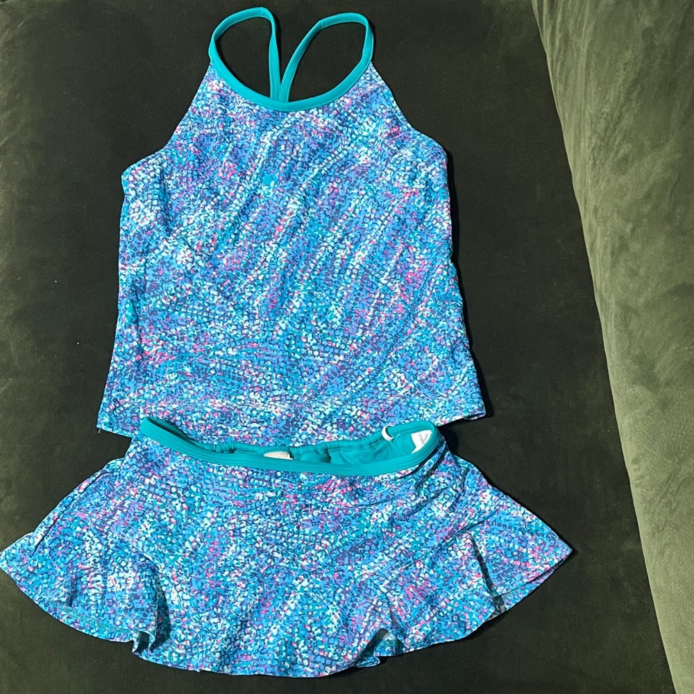 L.L. Bean Blue Teal Multi Girls Tankini Swim Set